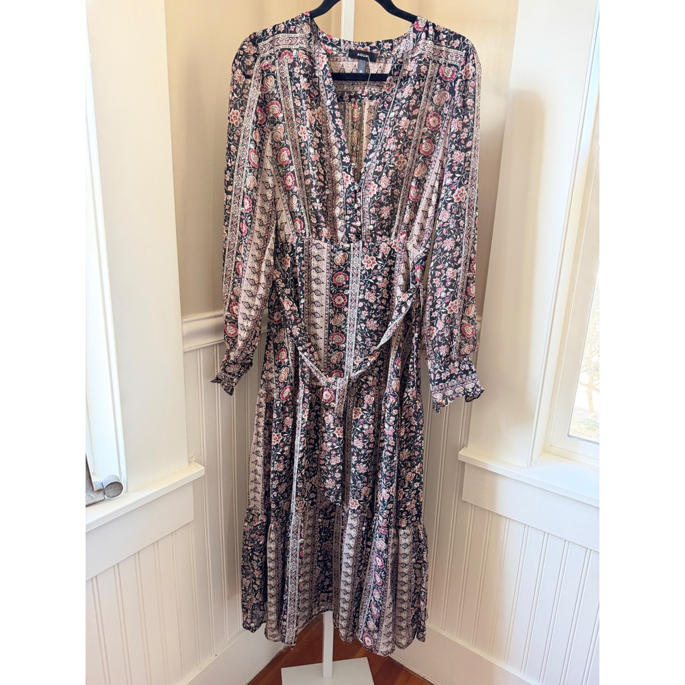 Aqua Floral Paisley Tiered Maxi Dress Long Sleeve V-Neck Black Pink Size S
